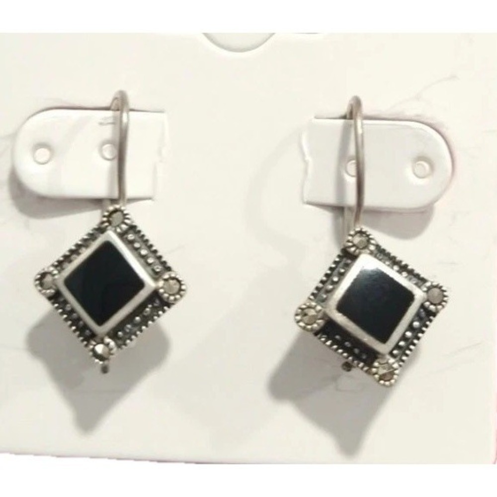 925 Sterling Silver Black Onyx Marcasite Dangle Earrings Pierced Art Deco Style